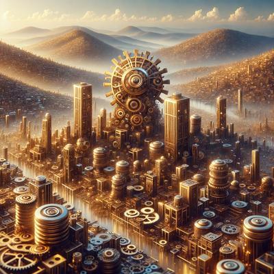 The primary subject of the image is a futuristic cityscape with a large clock tower in the center. The setting is a city with tall buildings, and the visual style is a combination of digital art and illustration. The colors and mood of the image are predominantly gold and orange, giving it a warm and futuristic atmosphere.